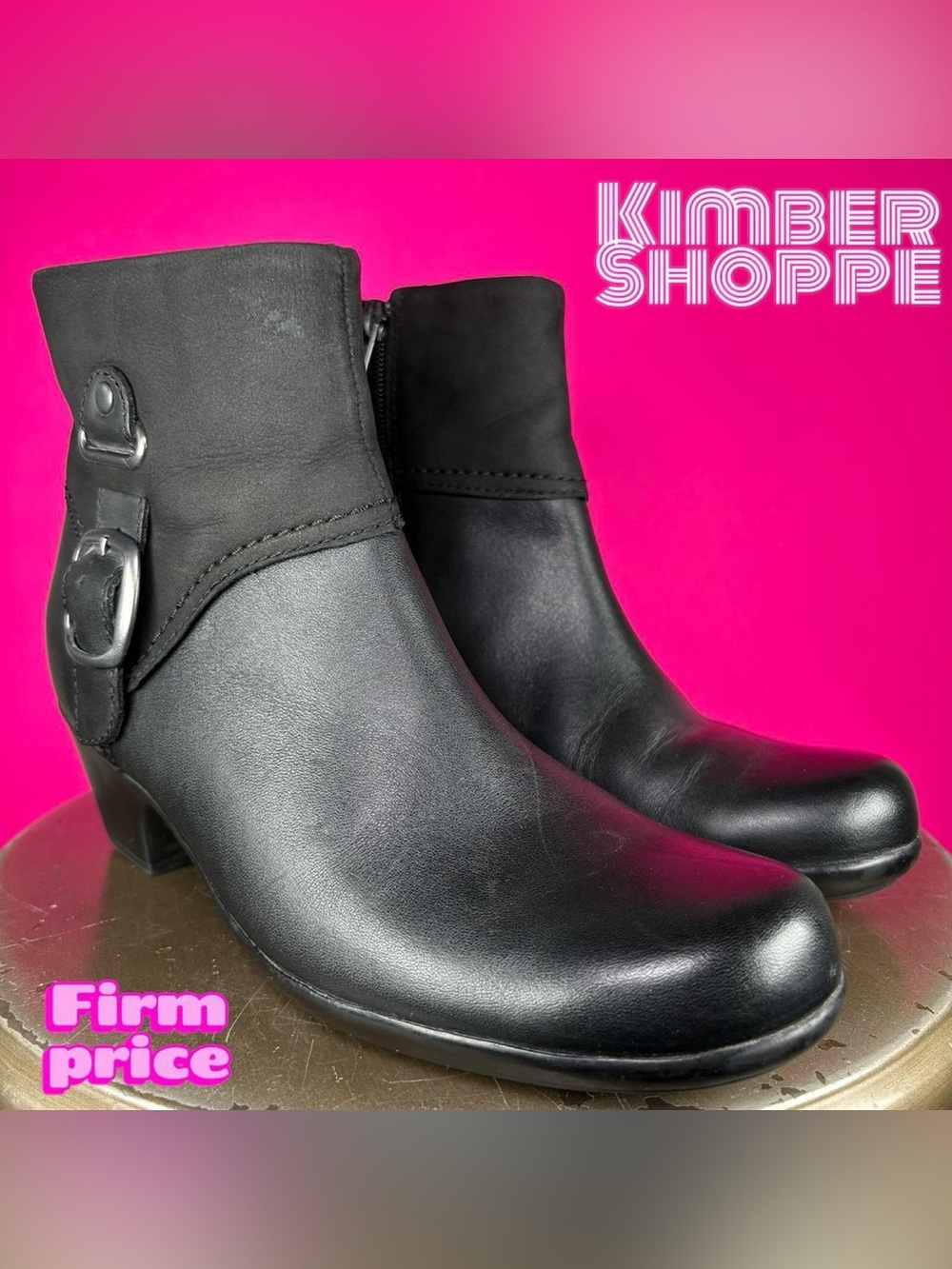 Clarks Ingalls Nile Black Leather Side Buckle Heeled Ankle Boot US 7 UK 4.5